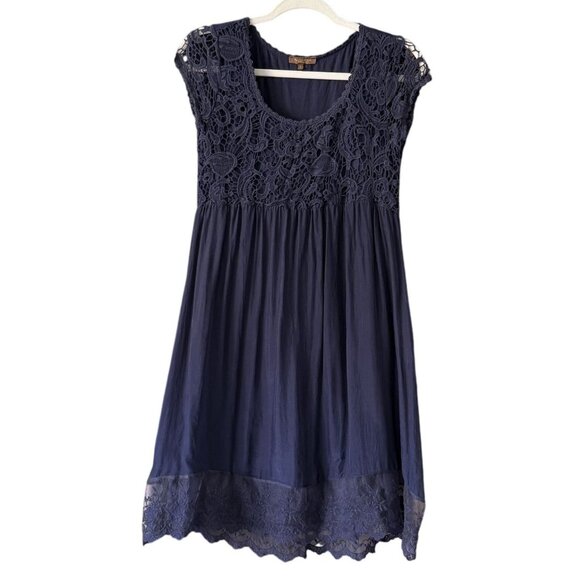 Piazzo Roma Navy Blue Lace Detail Silk Dress S Crocheted Detail Italy Romantic - Picture 1 of 7